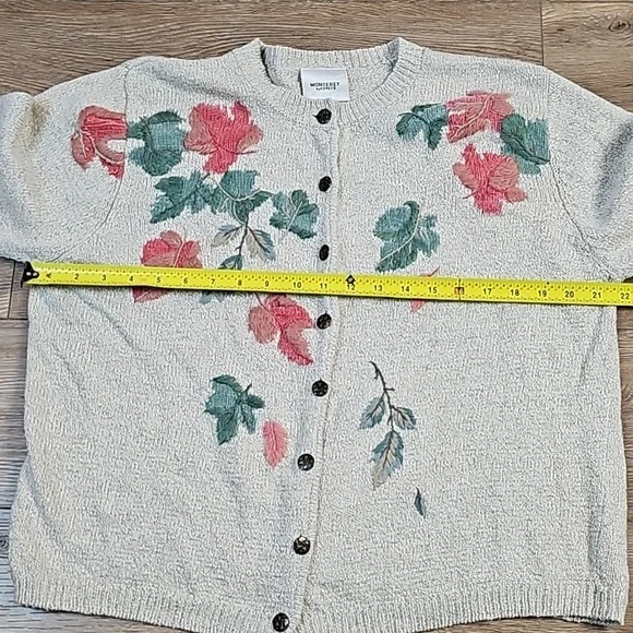 VTG Monterey by Koret Linen Cotton Knit Cream Cardigan w Embroidered Leaf Motif - Picture 14 of 16